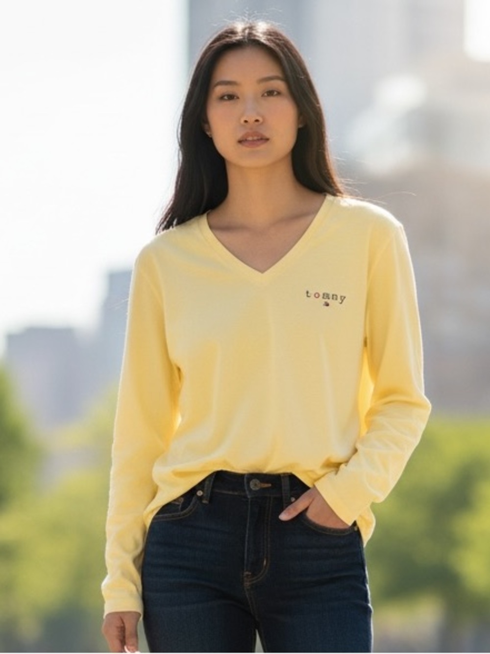 Tommy Hilfiger Yellow V‑Neck Long Sleeve Tee